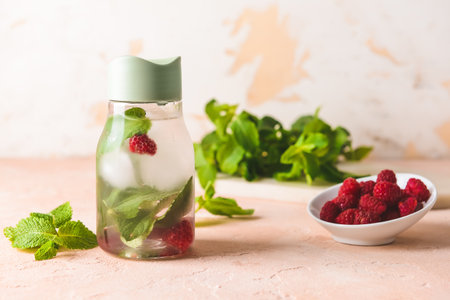 Bottle of mint infused water with raspberry on light tableの写真素材