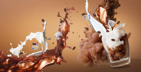 Glass with splashes of coffee, milk and ice cubes on color backgroundの写真素材