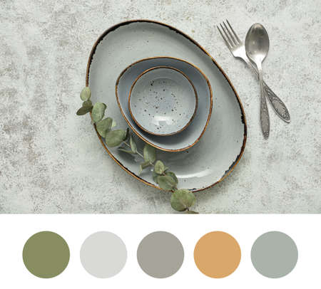 Stylish tableware on grunge background. Different color patterns