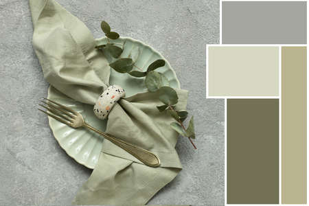 Stylish tableware on grunge background. Different color patternsの写真素材