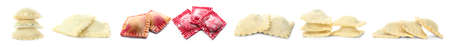 Different raw ravioli on white background