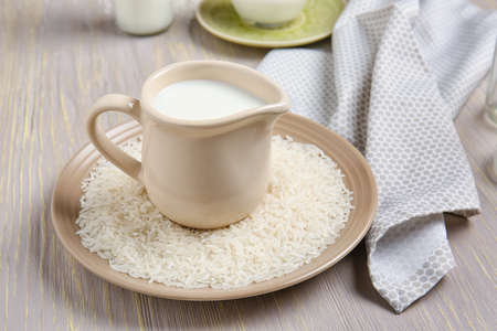 Jug of rice milk on tableの写真素材