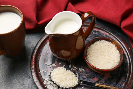Jug of rice milk on tableの写真素材