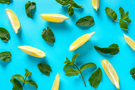 Aromatic mint and lemon on color backgroundの写真素材