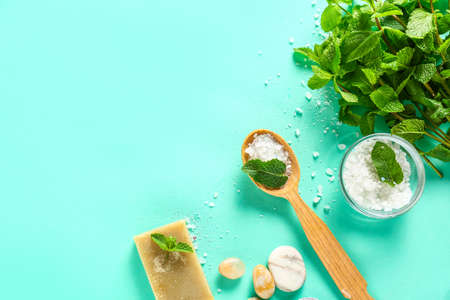 Composition with mint, sea salt and soap on color backgroundの写真素材