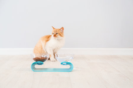 Cute cat near bowls with food and drink at homeの写真素材
