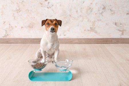 Cute dog near bowls with food and drink at homeの写真素材