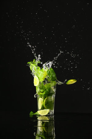 Glass of fresh mojito with splash on dark backgroundの写真素材