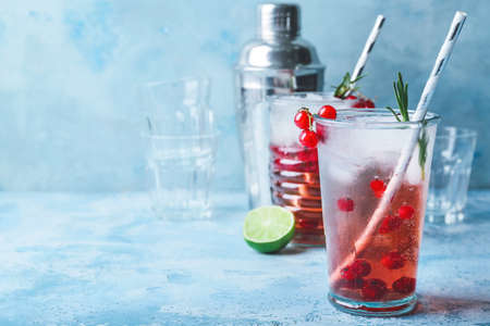 Glasses of fresh mojito cocktail with red currant on tableの写真素材
