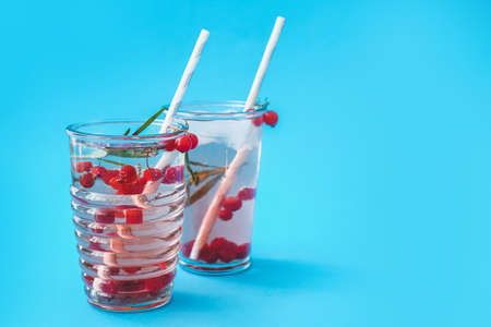 Glasses of fresh mojito cocktail with red currant on color backgroundの写真素材