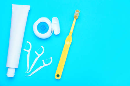 Set for oral hygiene on color backgroundの写真素材