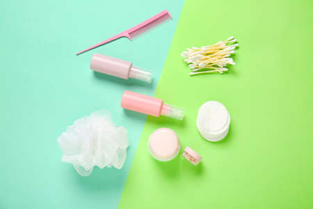 Travel cosmetics kit on color backgroundの写真素材