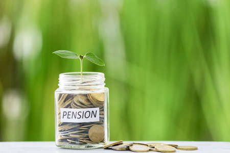 Jar with savings and young plant on table outdoors. Concept of pensionの写真素材