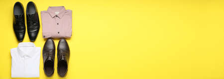 Stylish male accessories on color background with space for textの写真素材