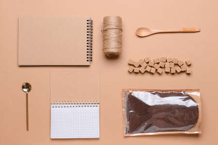 Composition with pack of coffee on color backgroundの写真素材