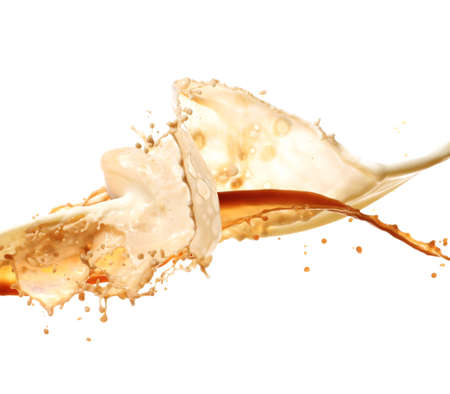 Splashes of hot coffee and milk on white backgroundの写真素材