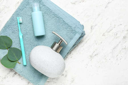 Composition with bath accessories and cosmetics on light backgroundの写真素材