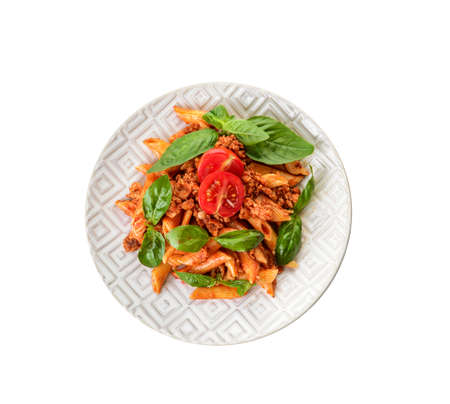 Plate of penne pasta with tomato sauce on white backgroundの写真素材