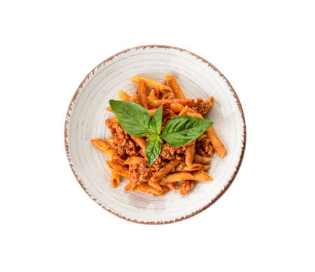 Plate of penne pasta with tomato sauce on white backgroundの写真素材