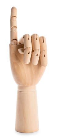 Wooden hand showing letter I on white background. Sign language alphabetの写真素材