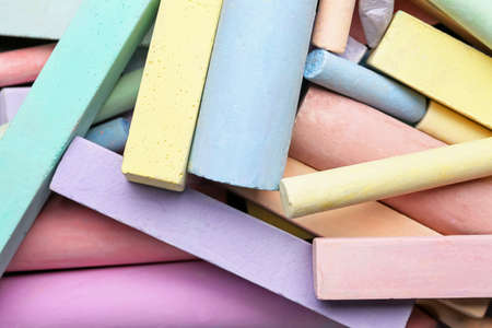 Colorful chalks on color background, closeupの写真素材