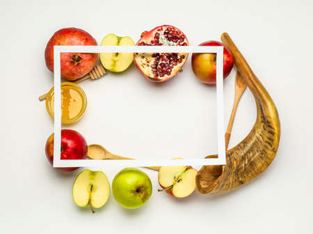Composition for Rosh Hashanah (Jewish New Year) on white backgroundの写真素材