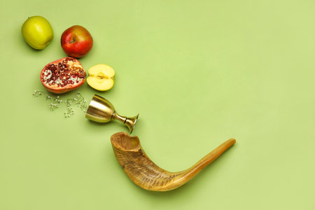Composition for Rosh Hashanah (Jewish New Year) on color backgroundの写真素材