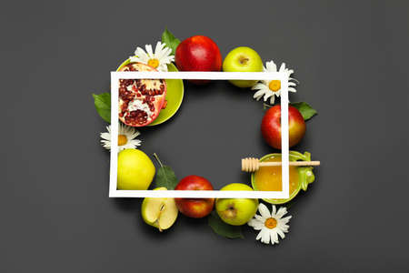 Composition for Rosh Hashanah (Jewish New Year) on dark backgroundの写真素材