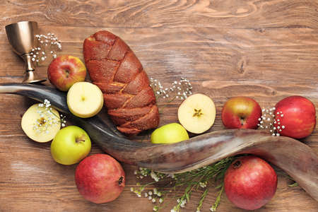 Composition for Rosh Hashanah (Jewish New Year) on wooden backgroundの写真素材