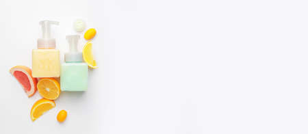 Natural cosmetic products on white background with space for textの写真素材