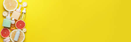 Natural cosmetic products on color background with space for textの写真素材