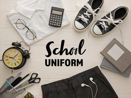 Stylish school uniform with stationery and alarm clock on white wooden backgroundの写真素材