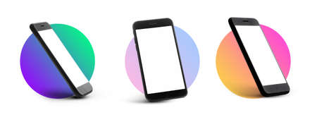 Mobile phones with blank screens on white backgroundの写真素材