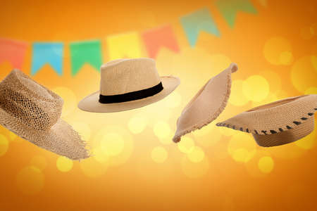 Flying farmer's hats on color backgroundの写真素材