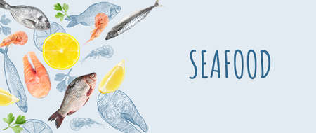 Set of fresh seafood on light backgroundの写真素材