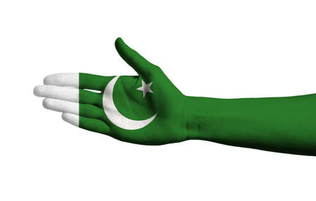 Hand in colors of Pakistan flag on white backgroundの写真素材