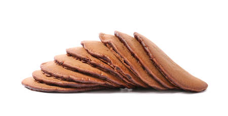Delicious chocolate pancakes on white backgroundの写真素材