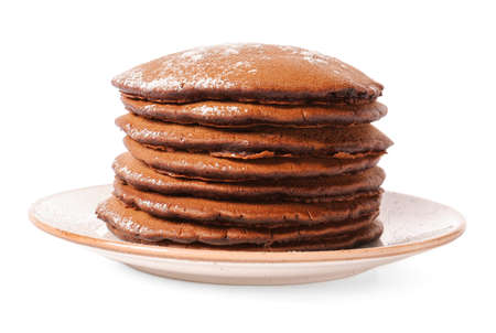 Plate with delicious chocolate pancakes on white backgroundの写真素材