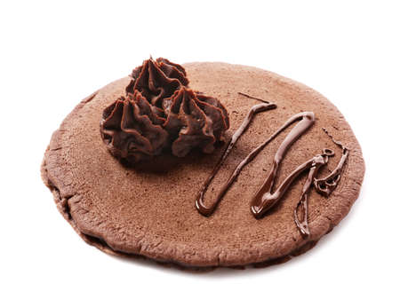 Delicious chocolate pancake on white backgroundの写真素材