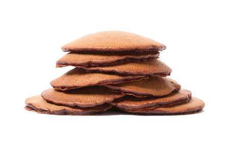 Delicious chocolate pancakes on white backgroundの写真素材