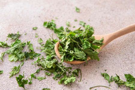 Spoon with dry parsley on gray backgroundの写真素材