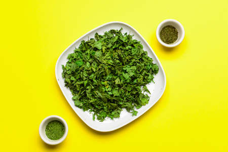 Plate with dry parsley on color backgroundの写真素材