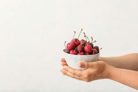 Hands with bowl of sweet cherry on light backgroundの写真素材
