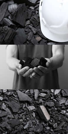 Collage of miner man with char coalの写真素材