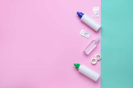 Container with contact lenses and solutions on color backgroundの写真素材