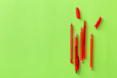 School pens on color backgroundの写真素材