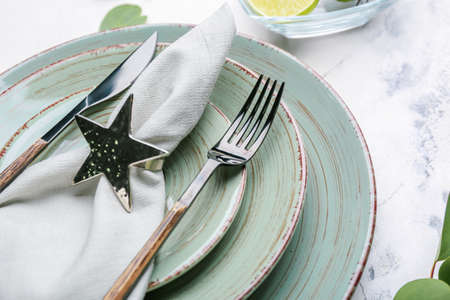 Beautiful table setting with lime and eucalyptus on light background
