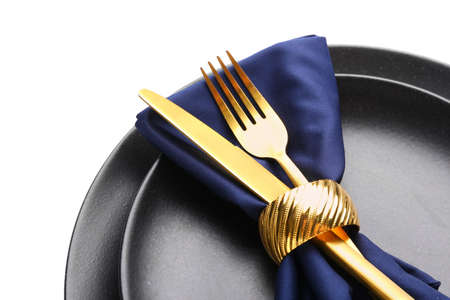 Beautiful table setting on white background