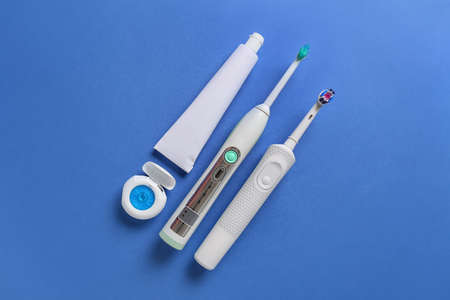 Set for oral hygiene on color background
