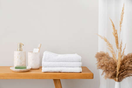 Set of bath accessories on tableの写真素材